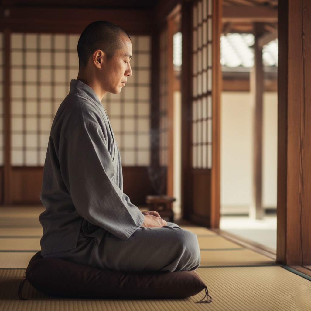 坐禅をしている人物が、静かに呼吸に戻る瞬間。思考を手放す穏やかな時間