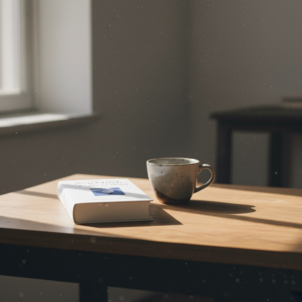Zen books and tea set on wooden desk symbolizing practical learning and reflection