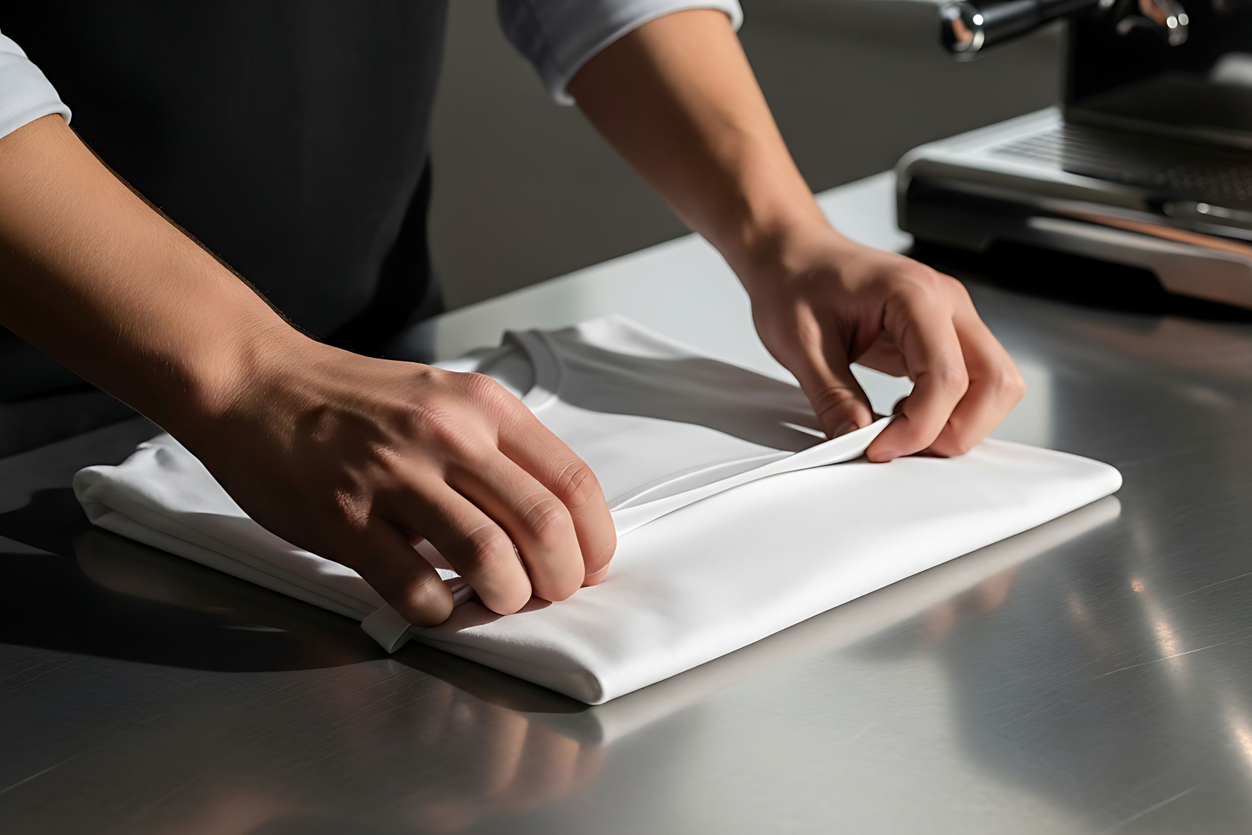 Hands mindfully folding a white shirt on a table, symbolizing simplicity and presence in Zen daily life