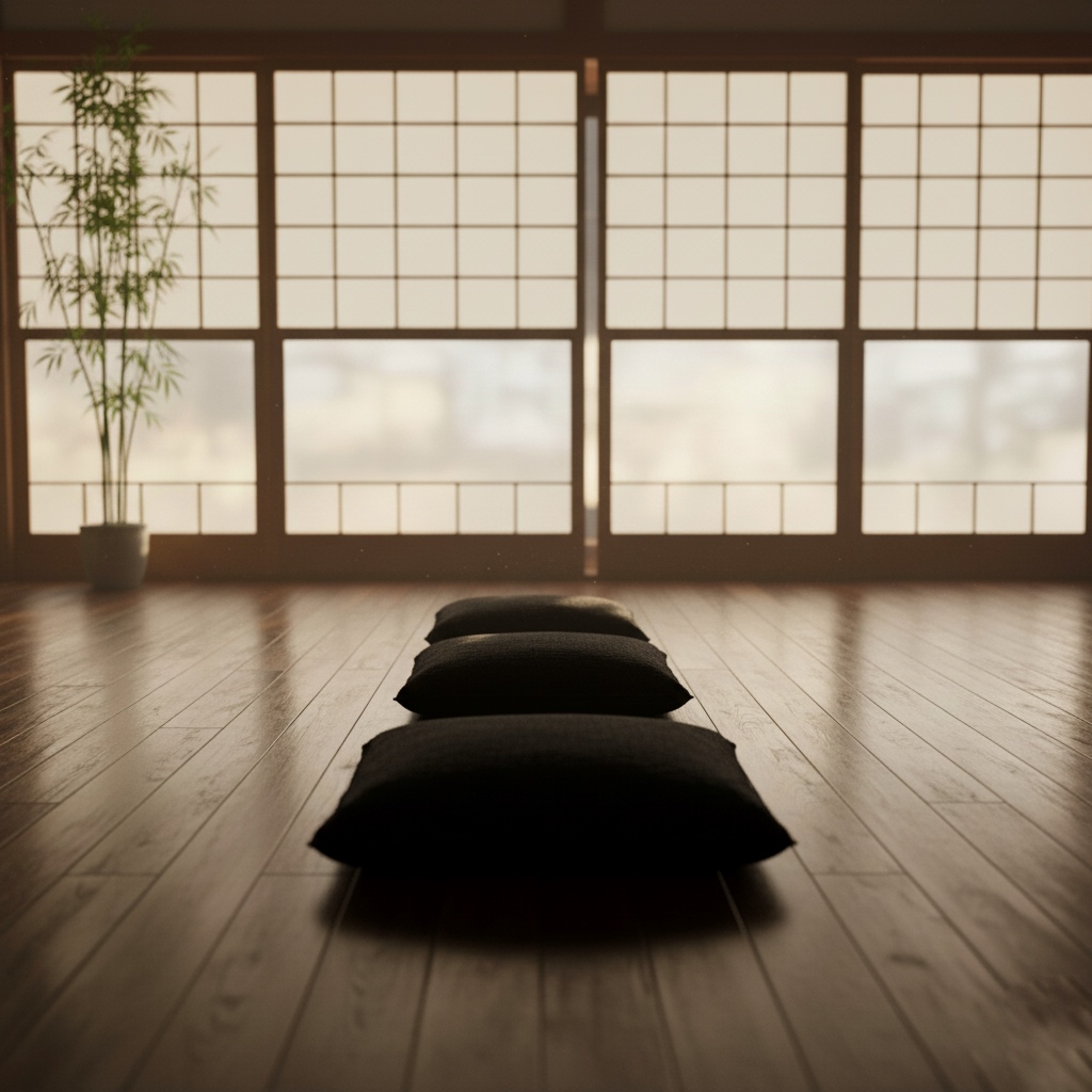 障子から朝の光が差し込む禅堂。整然と並んだ座布団が、静寂と呼吸の調和を感じさせる