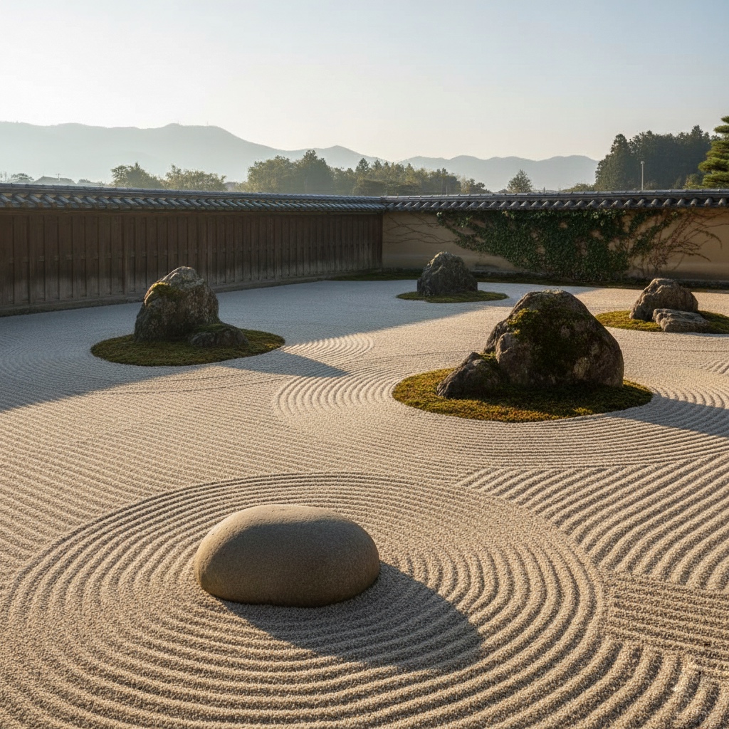 朝の光に照らされた砂紋が広がる静かな禅庭