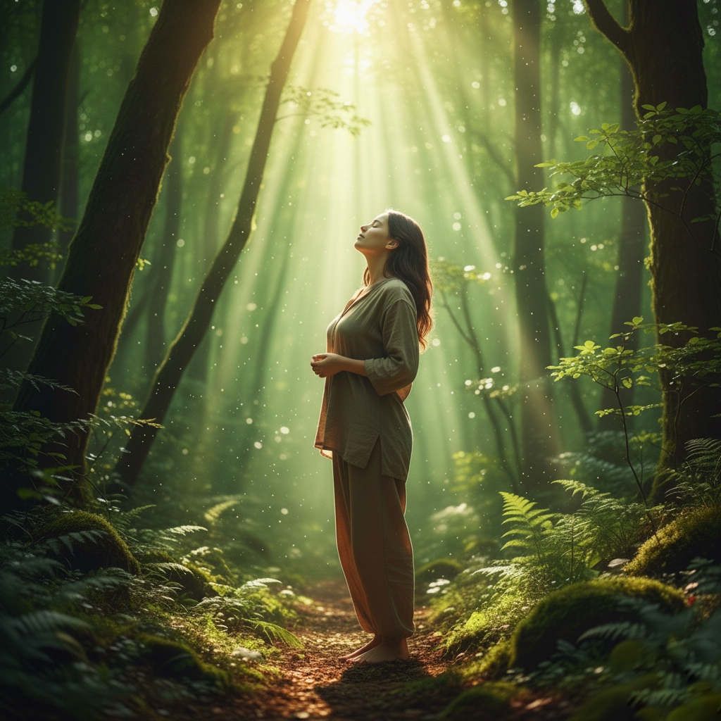 森の中で深呼吸する人物。心身の癒しと安らぎを表現