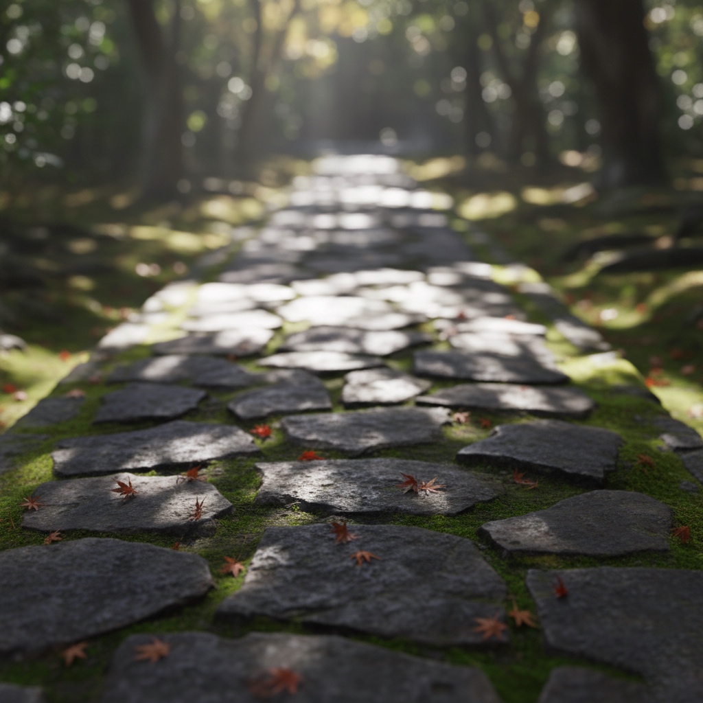 木漏れ日が落ちる寺院の石畳。静かな光と影が心を落ち着かせる禅の情景。