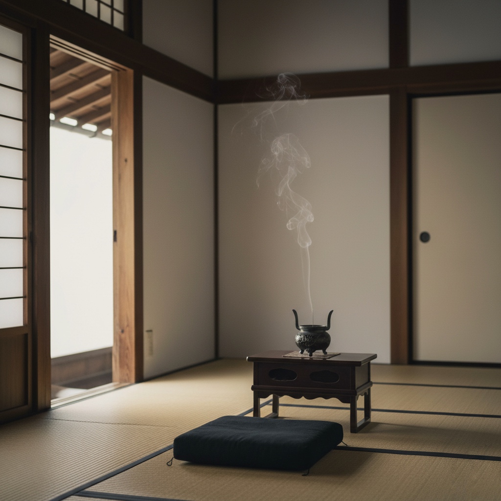 禅の「ただ坐る」姿勢を表す、座布団と香炉が置かれた静かな禅堂の写真
