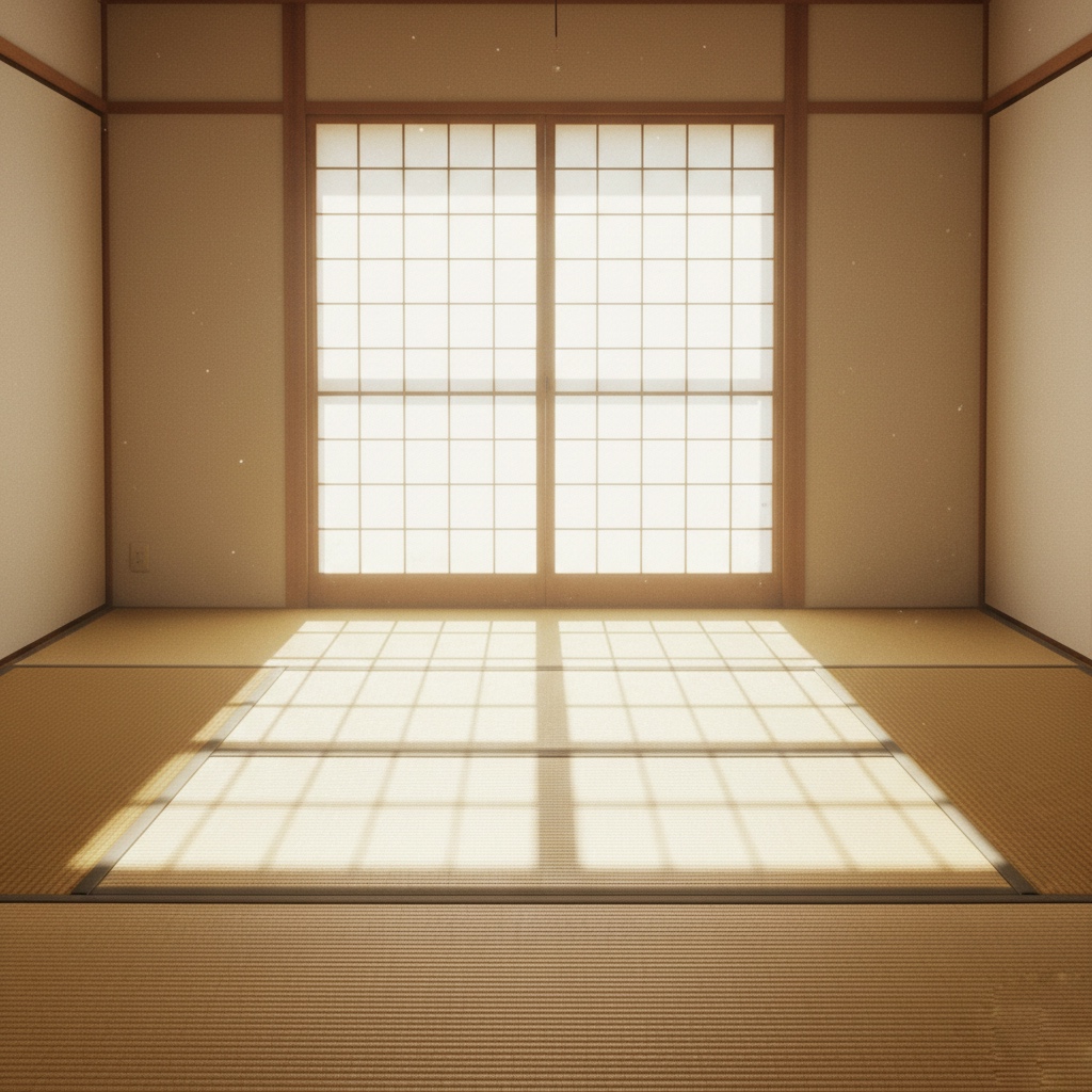 静かな和室に差し込む柔らかな光。禅的な余白と気づきの象徴。 