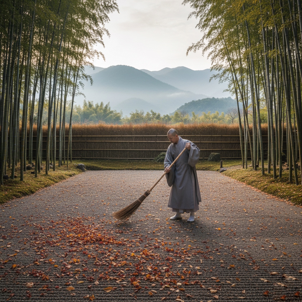 禅寺の庭で落ち葉を掃く僧侶。日常の中の修行を象徴する姿