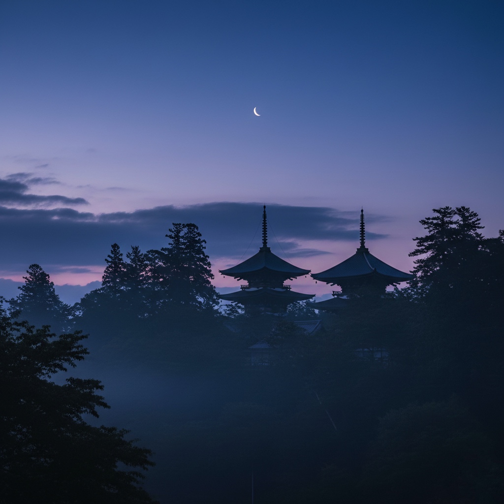 夜明け前の青い空と寺院の屋根が静かに映る風景。禅の沈黙と深まりを表現。