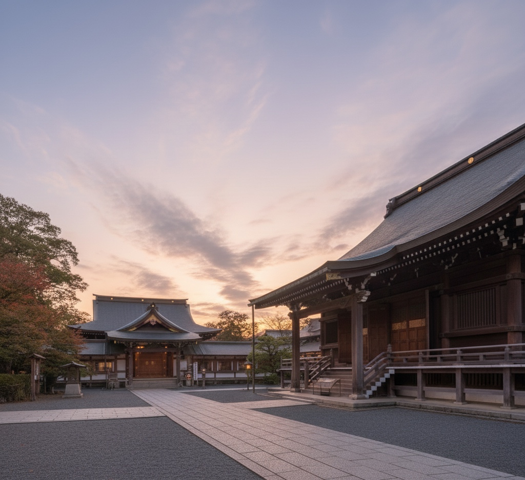 夕暮れの寺院と淡い空の光が広がる静かな境内、祈りと静けさを感じる風景