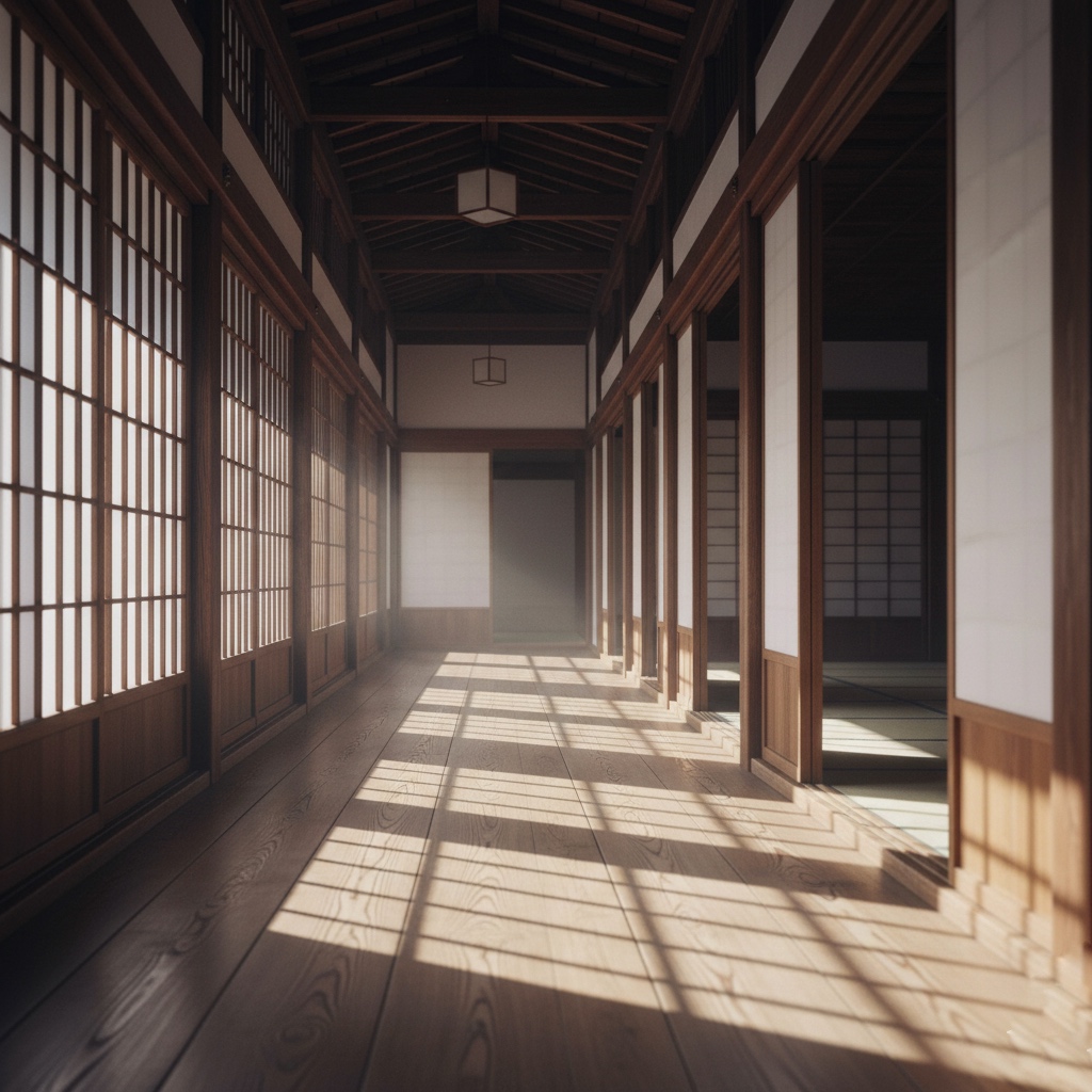 禅寺の廊下に差し込む光と影。余白と直線が生む静けさの美。