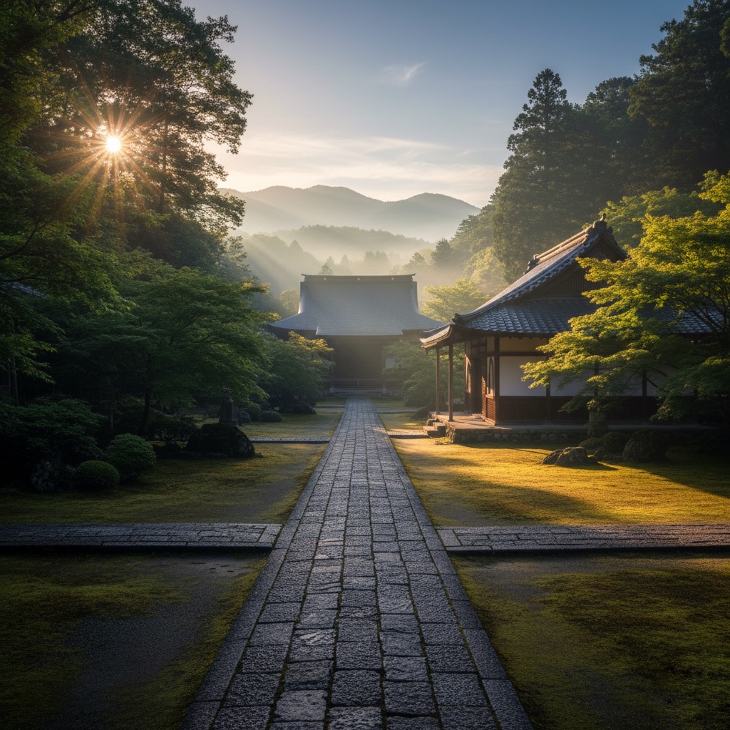 朝の光に包まれた禅寺の境内。参道を歩くと、静けさが心に満ちていく。