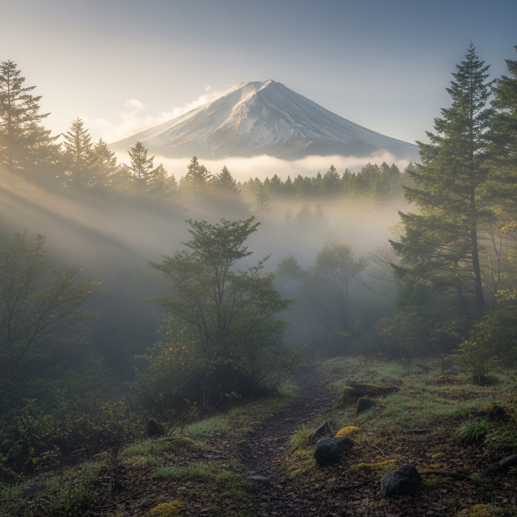 アンガーマネジメントと禅の考え方を象徴する、富士山麓の静かな朝の風景