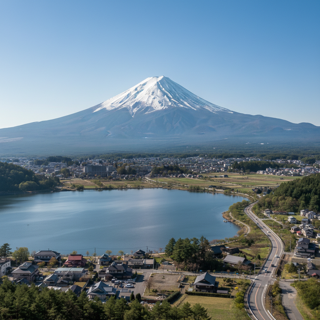 富士山を中心に、湖と町並み、道路が広がる様子をやや高い位置から撮影した実写風写真。河口湖や山中湖を思わせる湖面、低層の街並み、遠くまで続く道路が見える。人物は写さず、富士山近辺の観光エリアの広がりが伝わる構図。