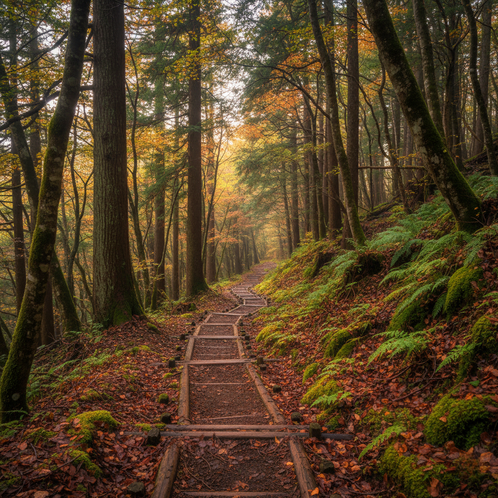 富士山麓の森の中を歩く静かな遊歩道の風景|自然の中で呼吸を深める富士山観光イメージ