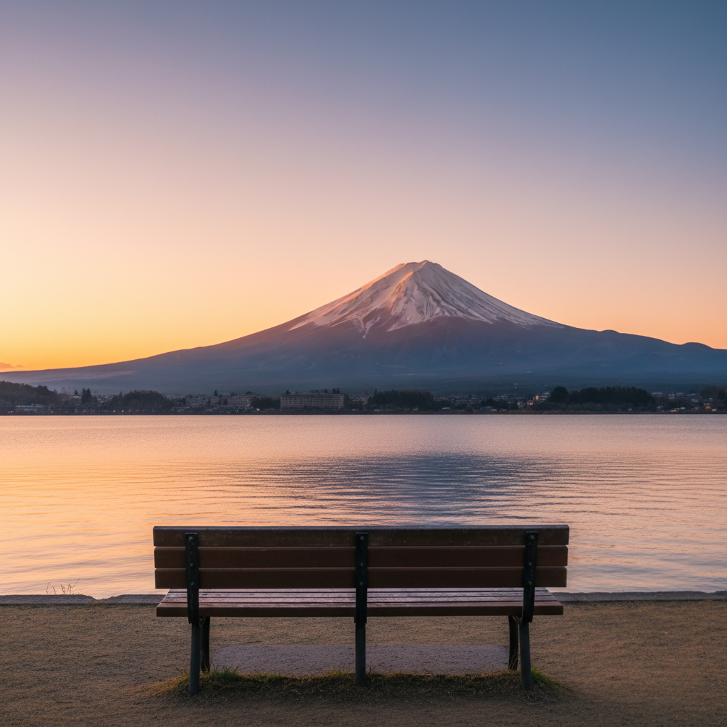 夕方の富士山と湖畔のベンチ|時間の使い方で整える富士山観光のイメージ