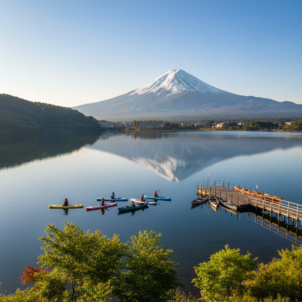 河口湖でのカヌーやSUP越しに望む富士山の絶景アクティビティ風景