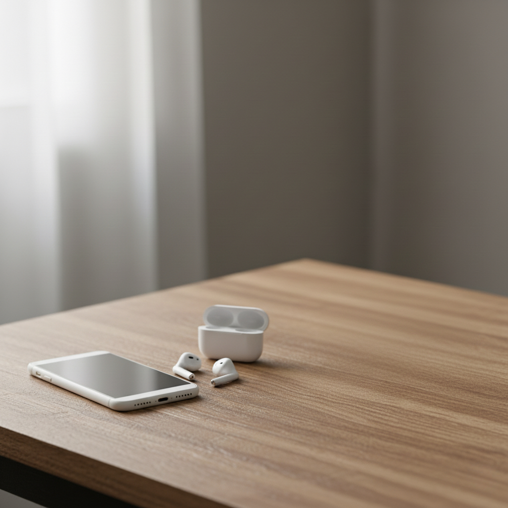 マインドフルネスと禅の違いを象徴する、スマホとイヤホンが置かれた木製テーブル