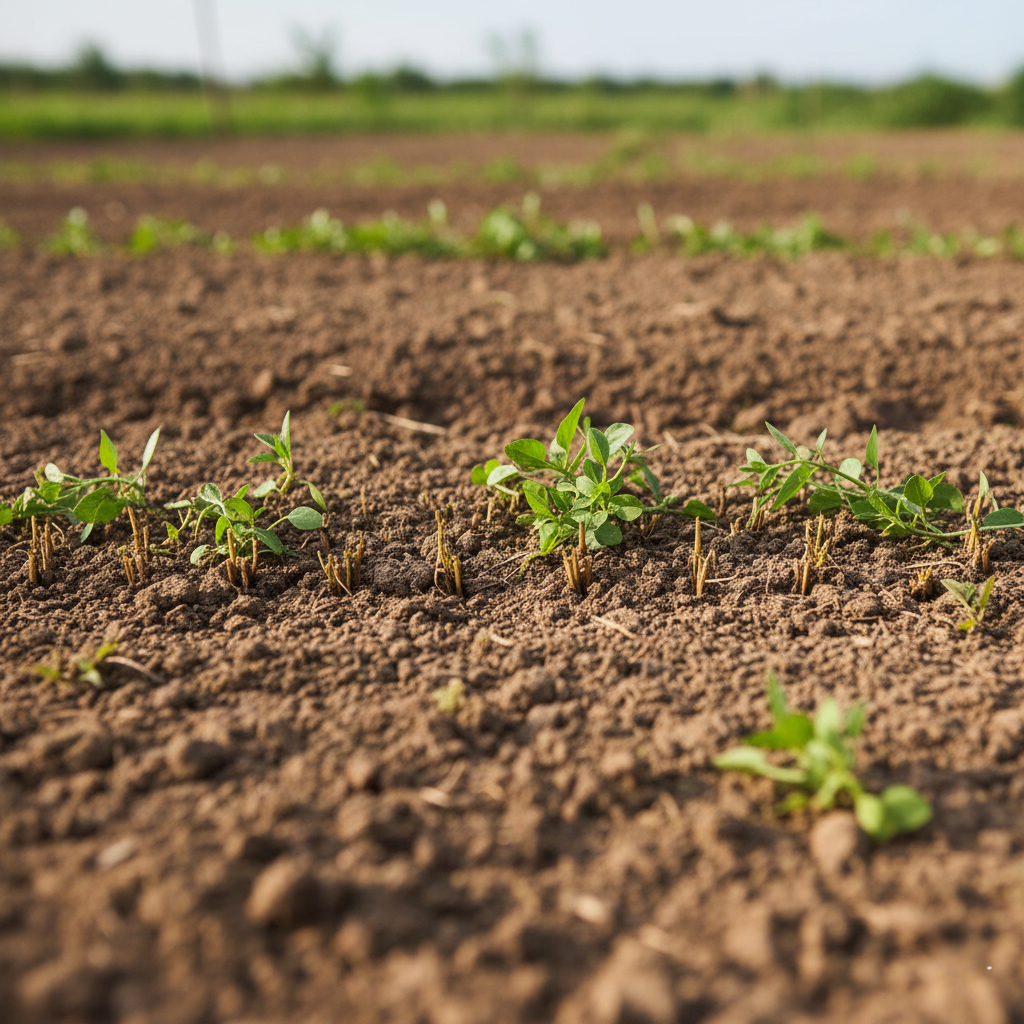 マインドフルネスと禅の違いを表す比喩としての、耕された土と小さな雑草のクローズアップ