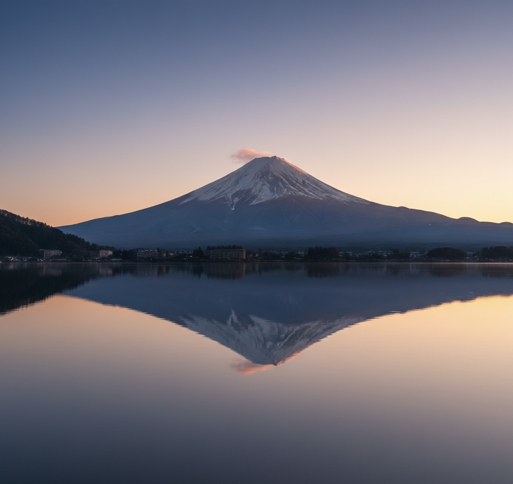 富士山周辺アクティビティの旅を象徴する、早朝の河口湖と富士山の景色