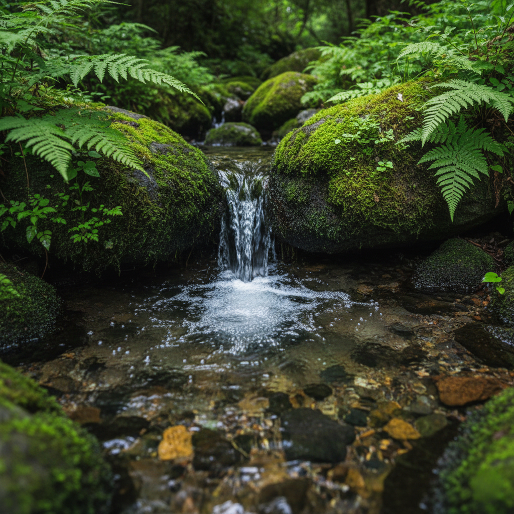 富士山の伏流水が湧き出る透明な湧水と苔むした岩|富士山麓の日帰り旅で出会う清らかな水