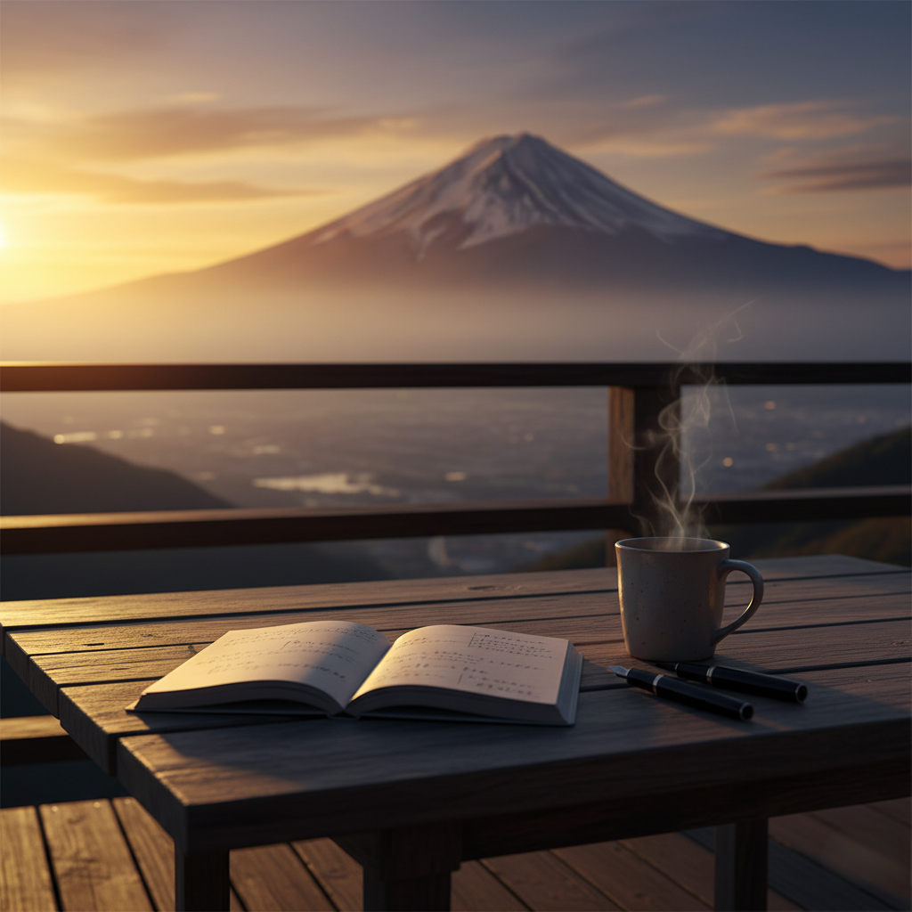 富士山の夕景を眺めながら旅の思い出をノートにまとめる静かな時間のイメージ