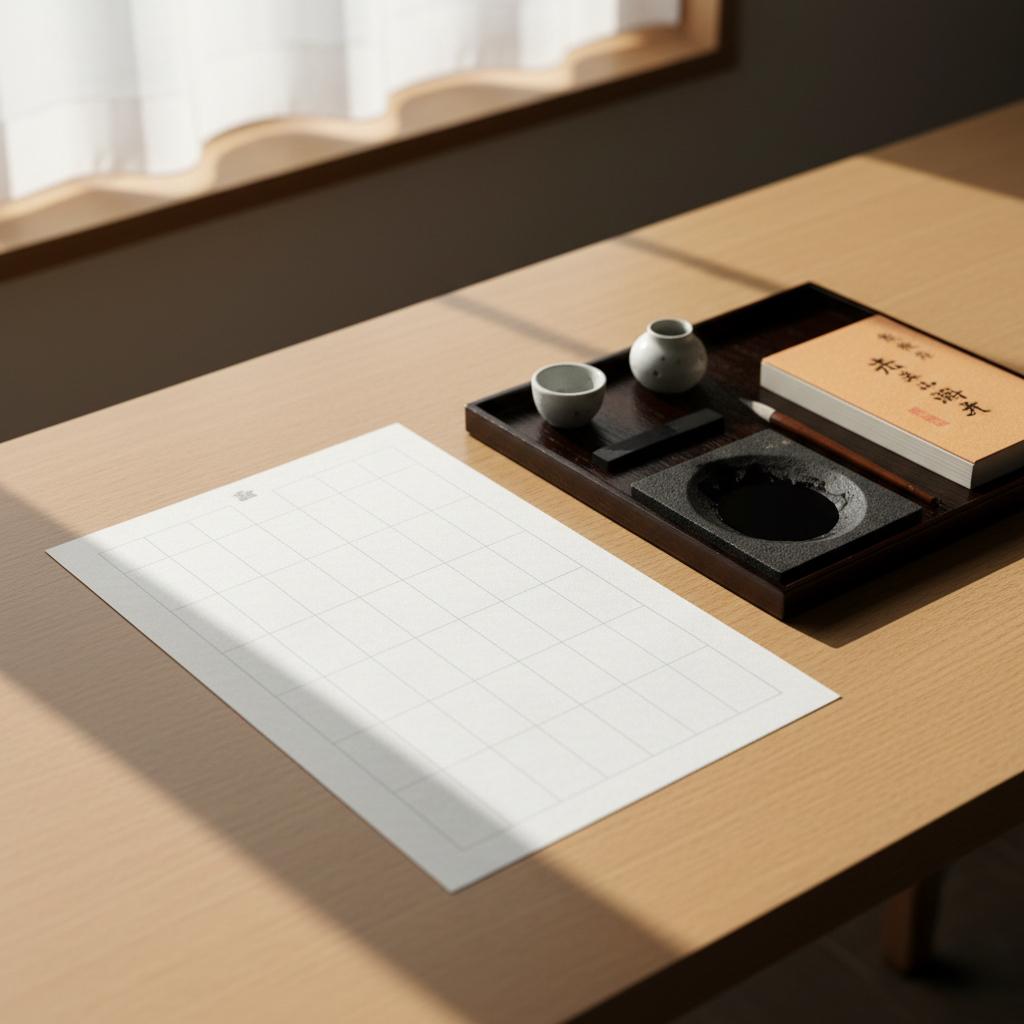 写経を象徴する筆と用紙と経本の静かな準備風景