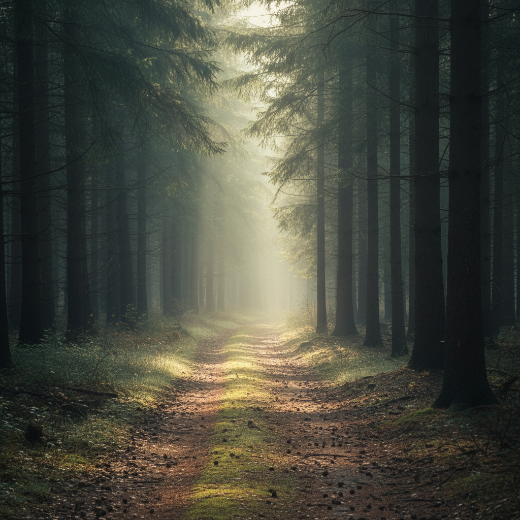 禅の実践を今始めることを象徴する、朝の光が差し込む静かな森の小径