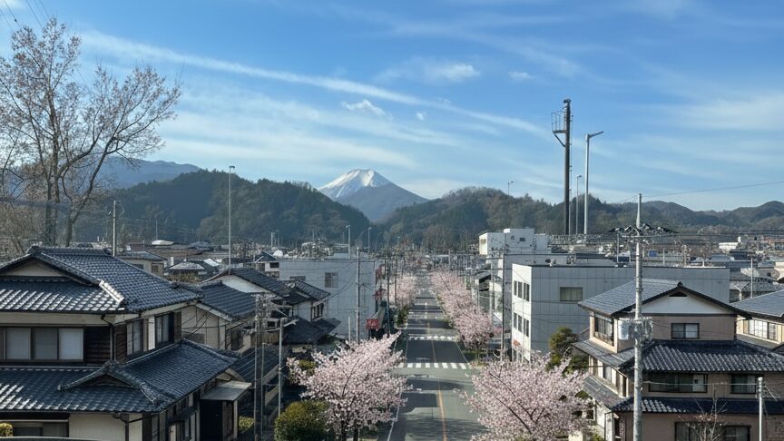 富士山を背景にした都留市の町並み|富士山麓で暮らす人々の時間が流れる通りの風景