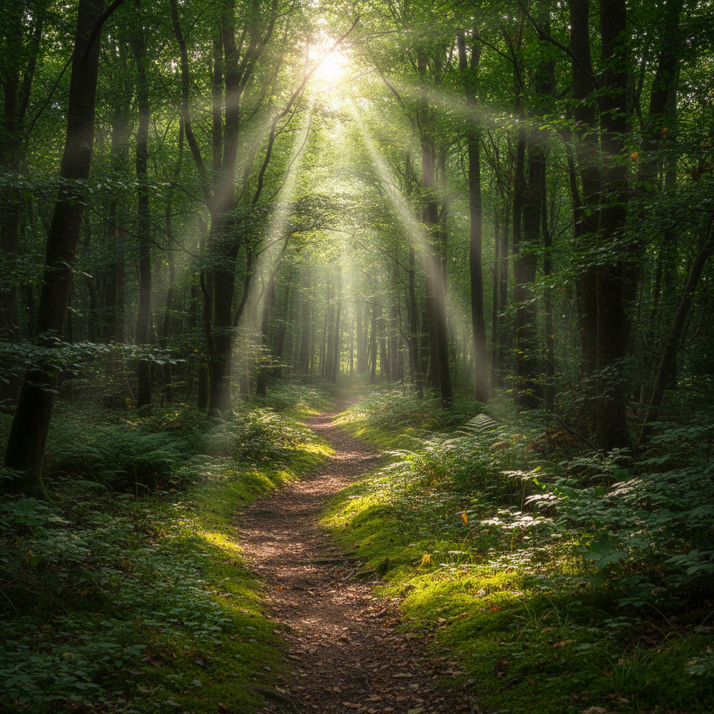 禅の呼吸と気づきをイメージさせる、静かな森の小径 