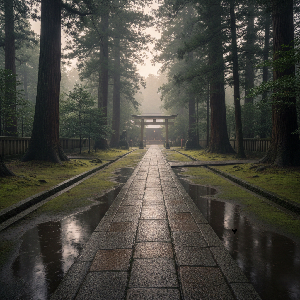 禅の言葉で立ち止まる感覚を表す雨上がりの石畳