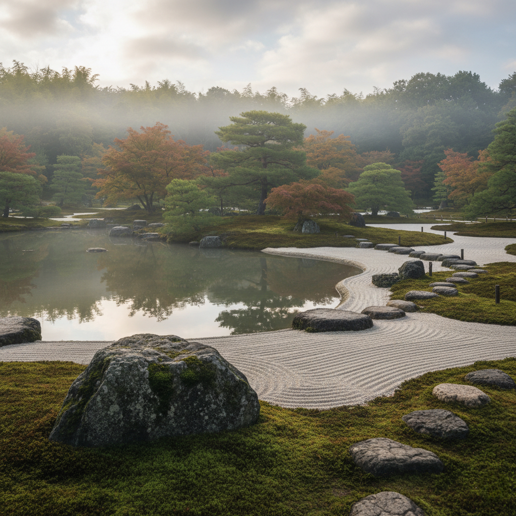 思考のブレーキを象徴する禅庭と静寂の風景
