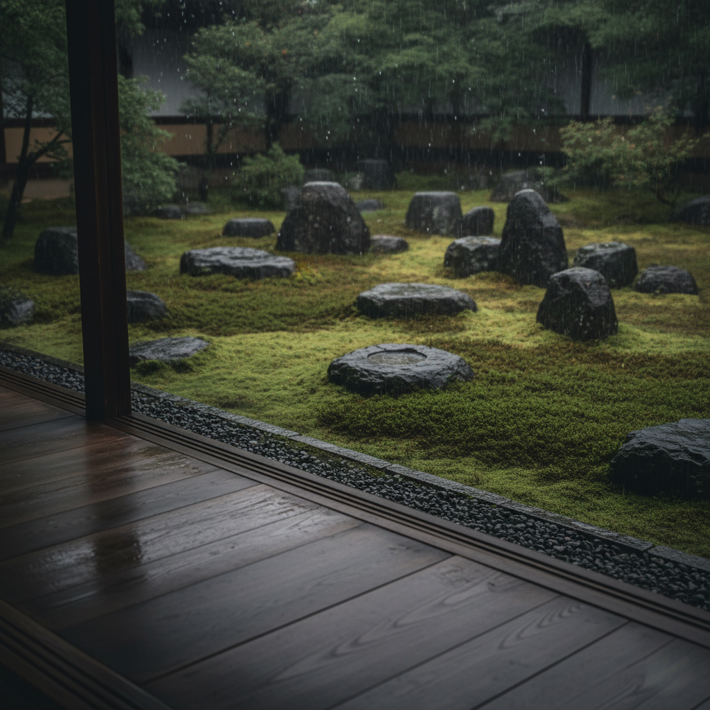 沈黙の時間を感じる禅寺の縁側と雨の庭
