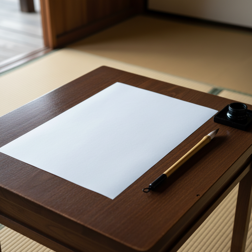 禅の企業研修を通じて心が整い、静かな判断力が生まれる状態を象徴する写経用紙と筆 