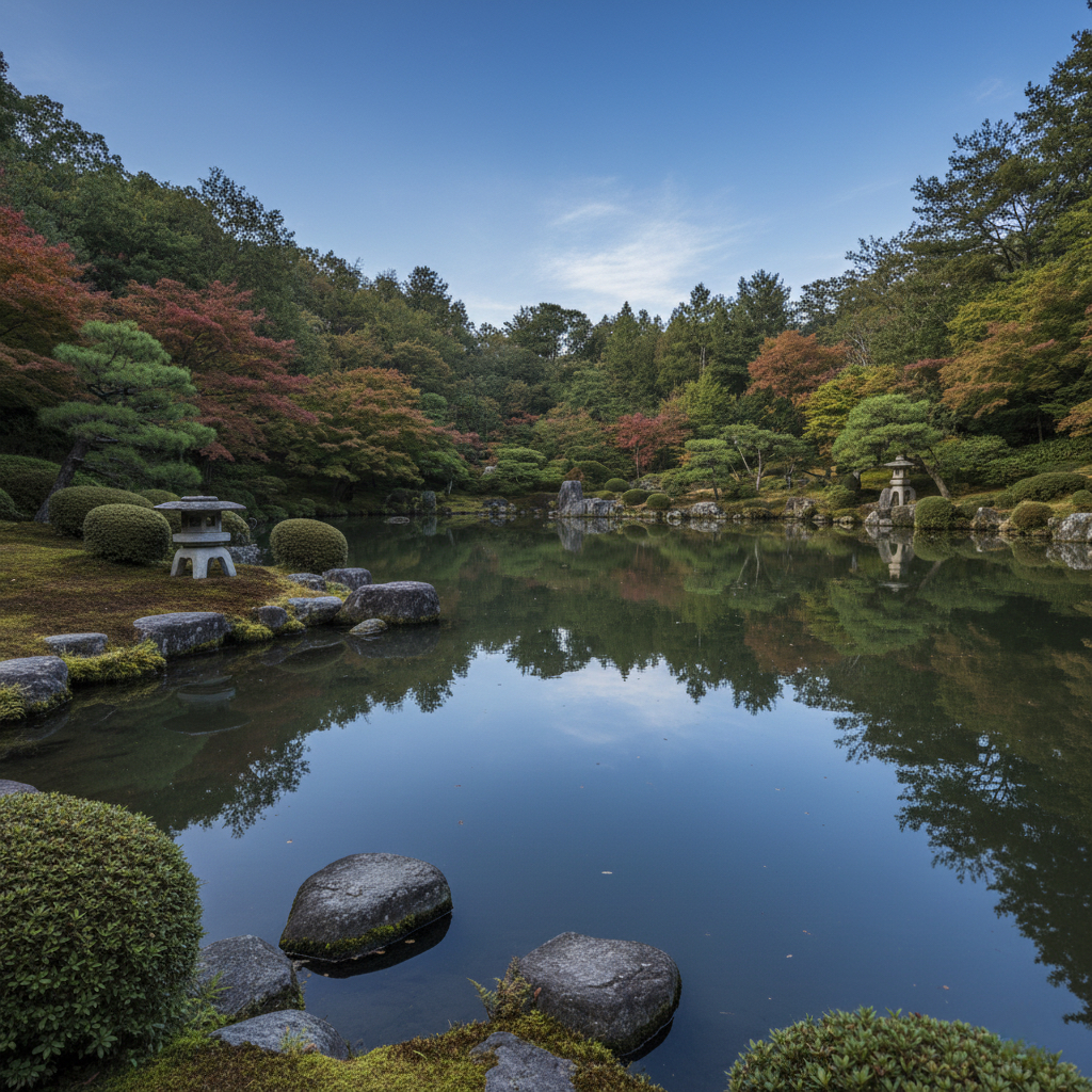 不動の心をイメージした、木々と空が鏡のように映る静かな池と石灯籠の風景